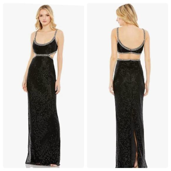 Mac Duggal Beaded Open Back Cut- Out Back Slit Gown Prom Dress Black Size 8 NWT - Picture 1 of 14